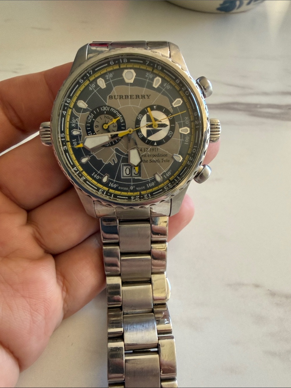 Burberry Stainless Steel Chronograph Watch with Gray Dial and Yellow Accents